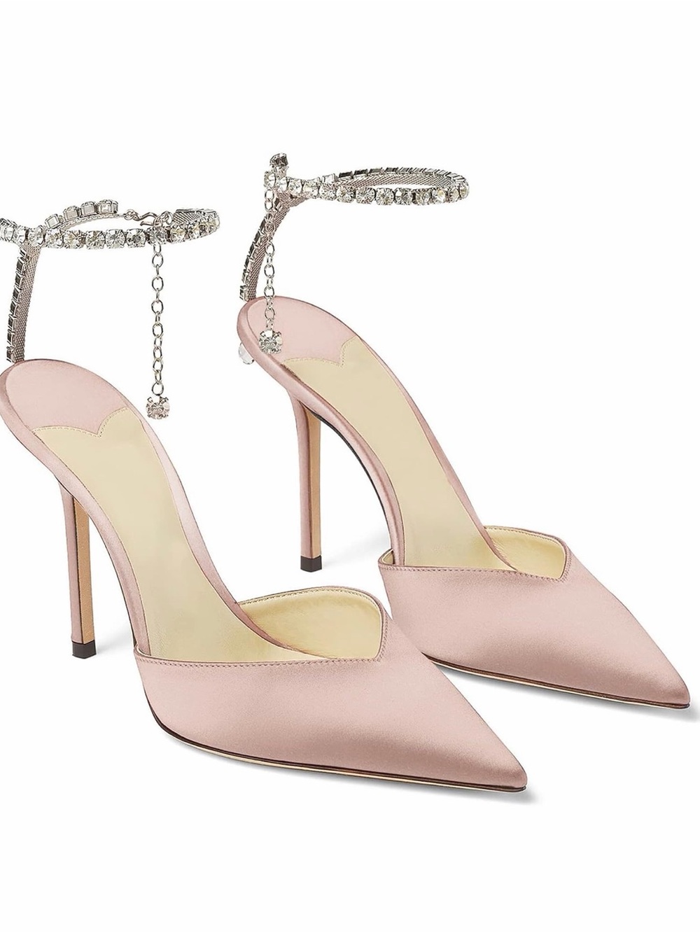 Pointed-Toe Pink Satin Stiletto Heels with Crystal Ankle Strap